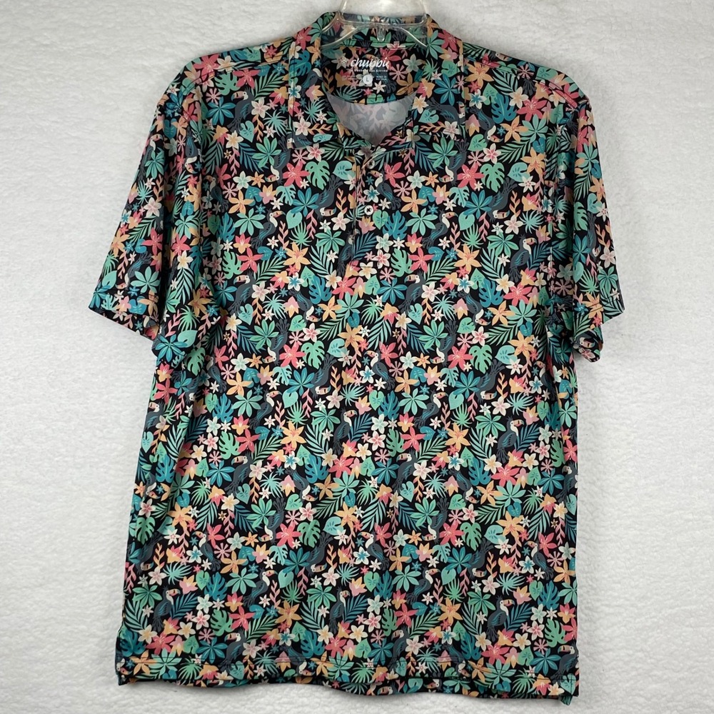 Chubbies Mens Large Tropical‎ Toucan Floral Performance Polo Shirt Black Stretch